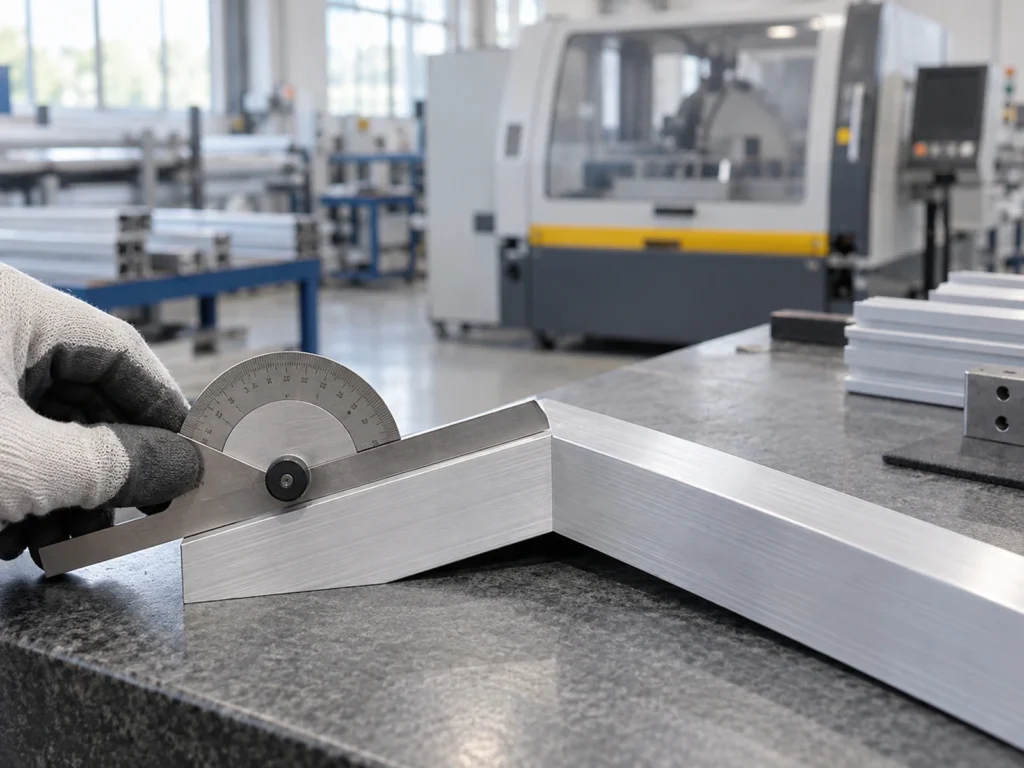 Mechanical protractor and gloved hand beside mitered sections in an aluminum miter angles review illustration.