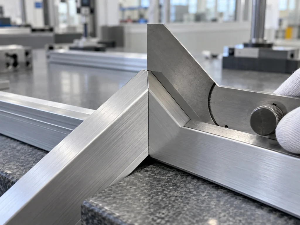 Metal angle tool beside two mitered aluminum sections forming a corner.