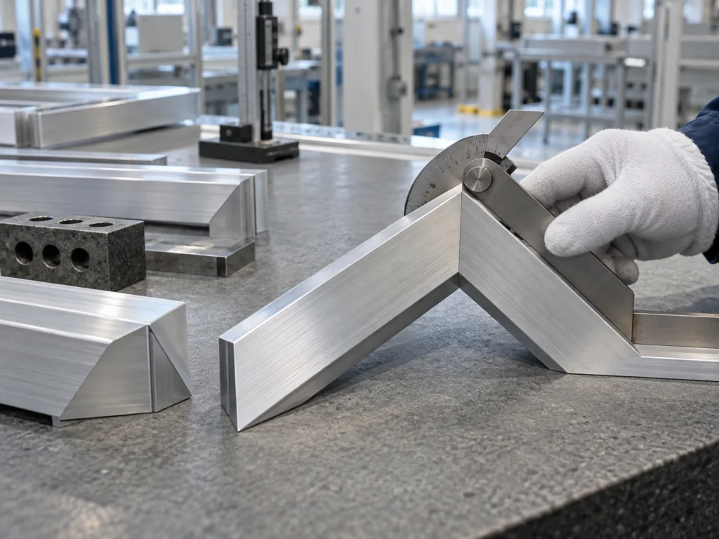 Angle tool beside joined mitered aluminum samples