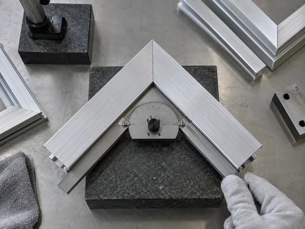Illustrative angle gauge beside aluminum mitered members on an inspection bench