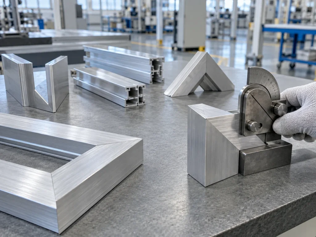 Gloved hand holding a mechanical protractor beside a mitered corner, with other aluminum sections on the bench.