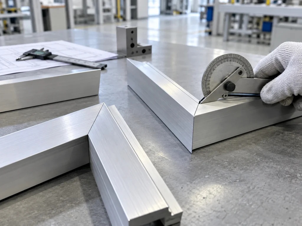 Gloved hands holding a mechanical protractor beside a mitered aluminum corner on a bench.