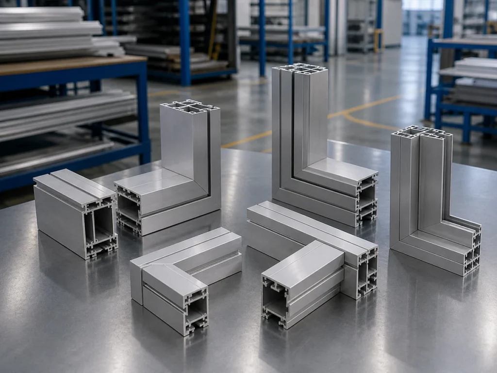 Miter-cut aluminum profile samples arranged as corner joints on a workshop table.