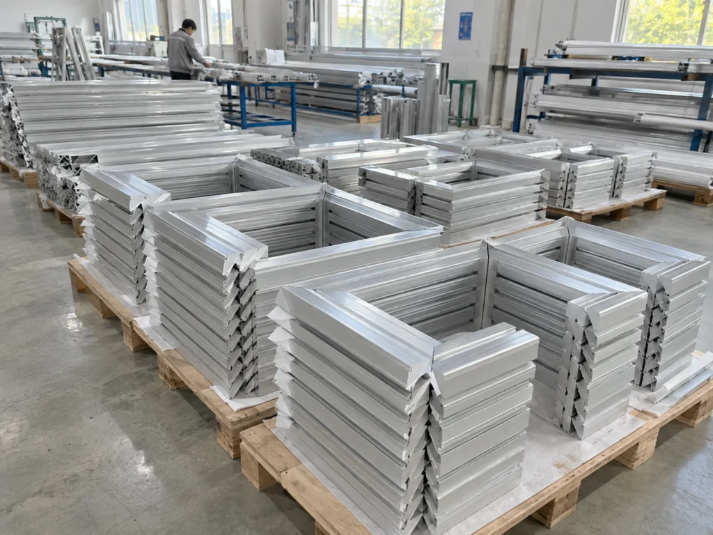 Mitered sections on pallets illustrating batch scope for an aluminum cutting lead time review