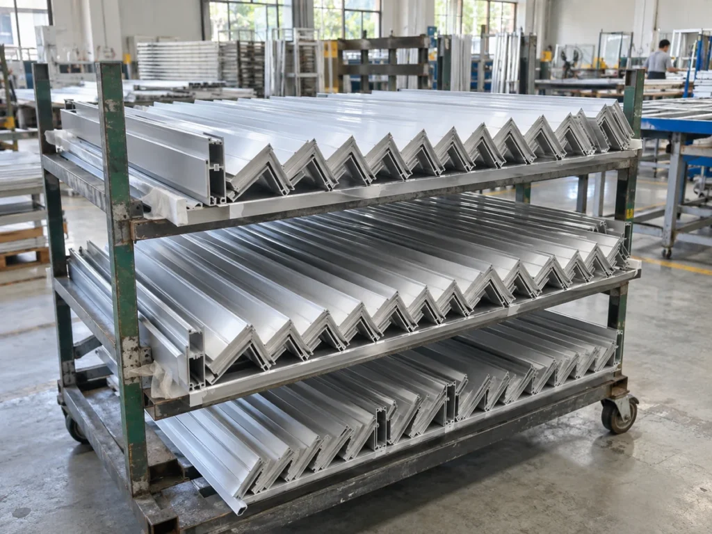 Long mitered aluminum extrusion sections arranged on three levels of a wheeled metal rack in a workshop.