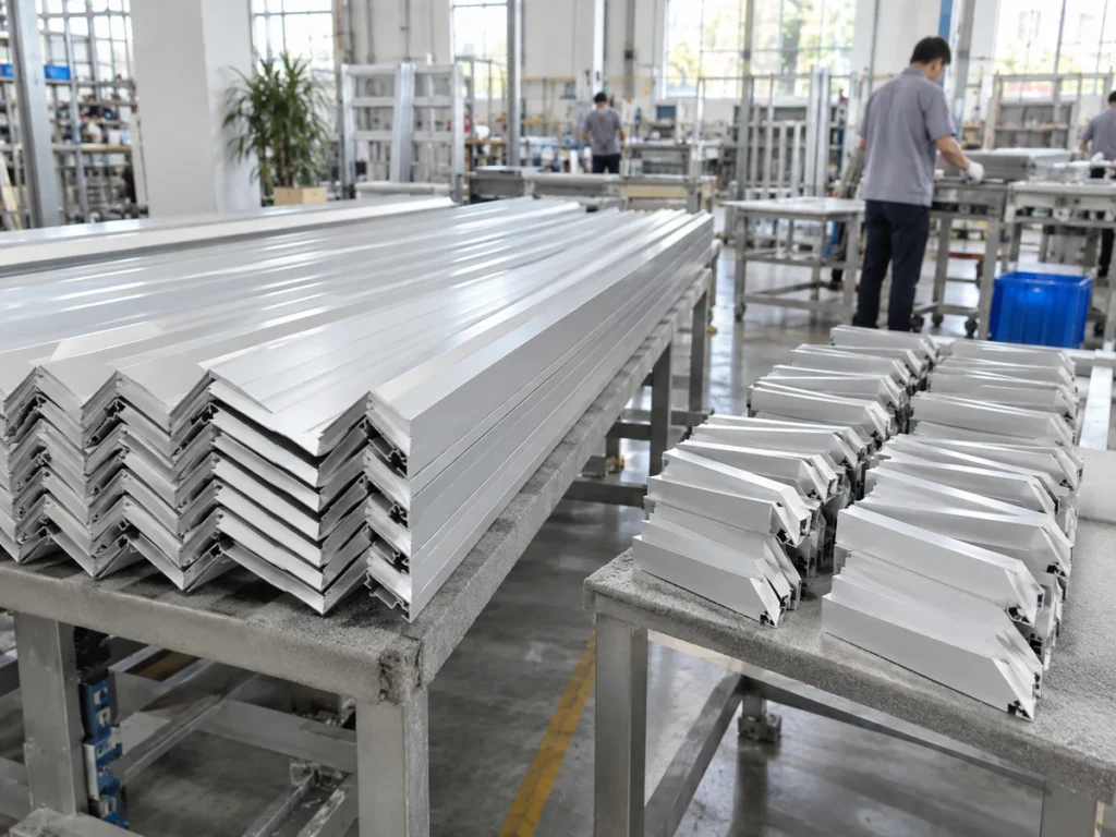 Long aluminum profiles stacked on one worktable beside shorter angled-end parts arranged on another table.