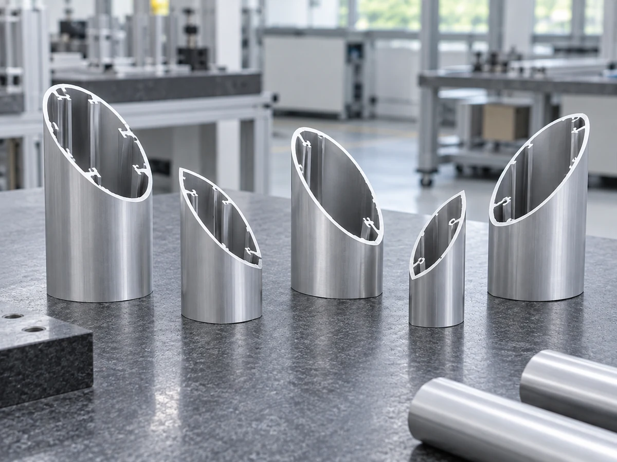 Illustrative miter-ended circular aluminum profiles for aluminum tube miter clocking context