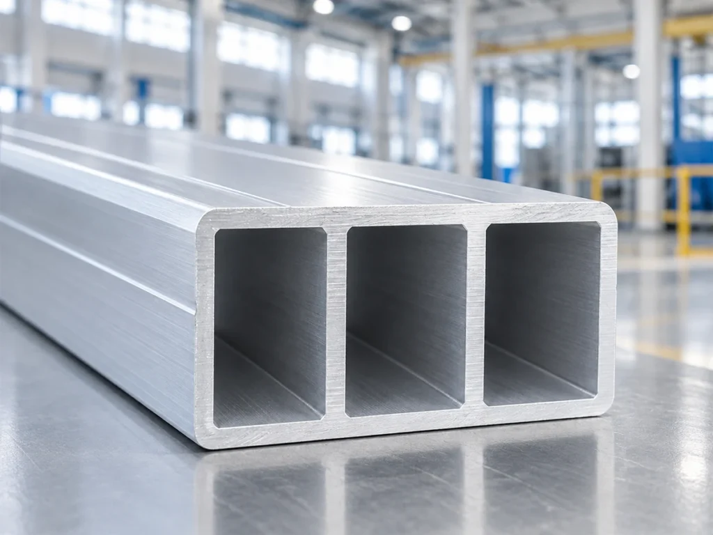Cut end of an aluminum section with three internal chambers