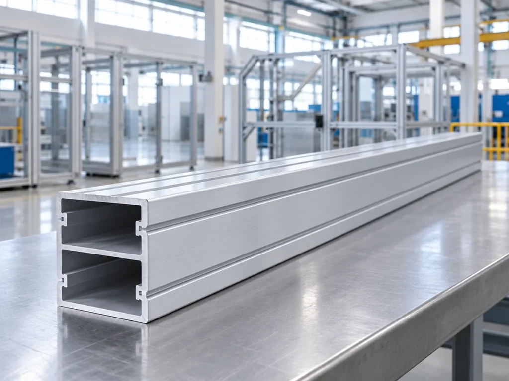 A long rectangular aluminum extrusion with two internal chambers lies on a workbench with its end cross-section visible.