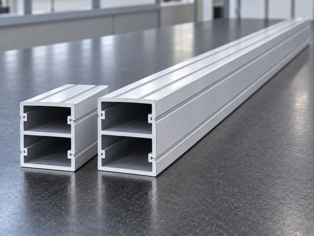 Hollow aluminum profiles with internal webs resting on a workshop bench