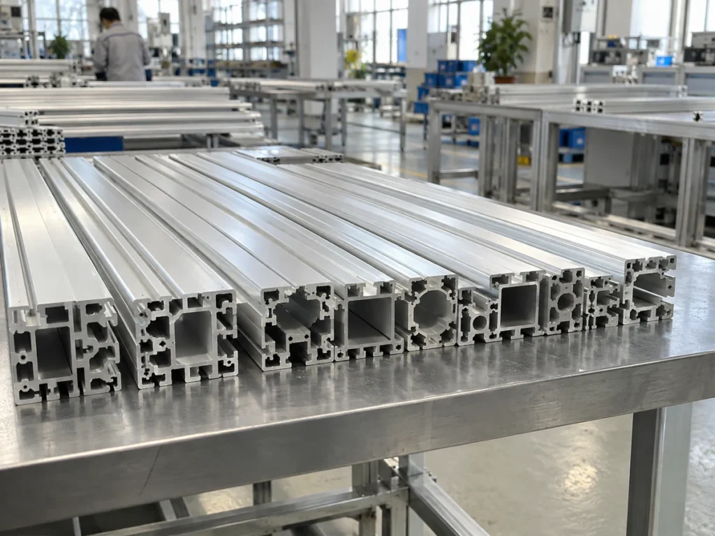 Different hollow and slotted aluminum profile sections arranged side by side on a metal workshop table, with more profiles behind them.