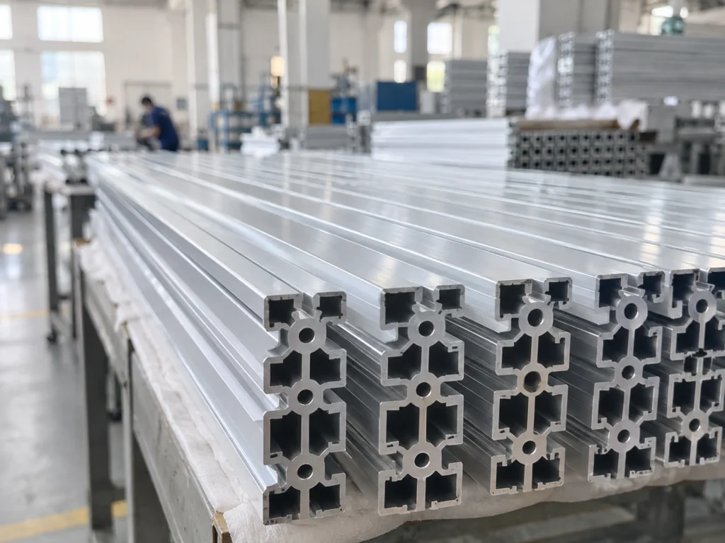 Hollow aluminum extrusion ends aligned on a padded support surface.