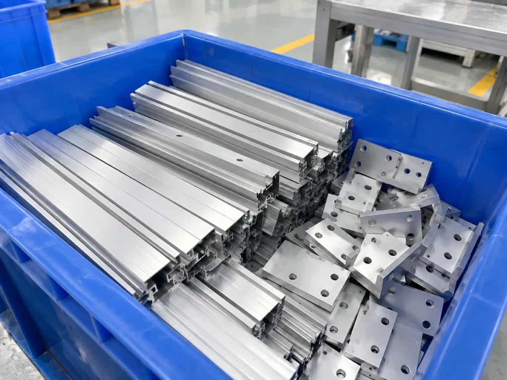 Aluminum profile lengths and plates with holes arranged in a blue container