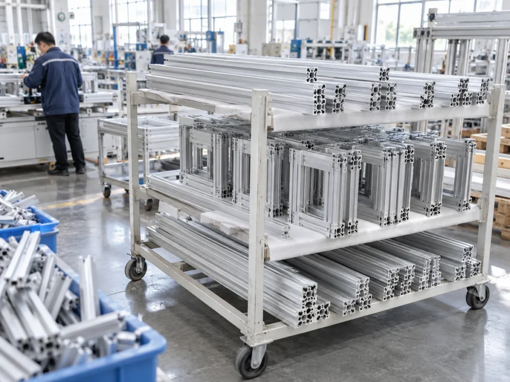 A wheeled workshop rack carrying long slotted aluminum profiles and smaller frame assemblies.