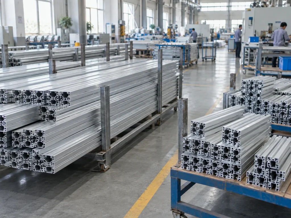 Long aluminum extrusions on a rack beside shorter extrusions arranged on a workshop table.