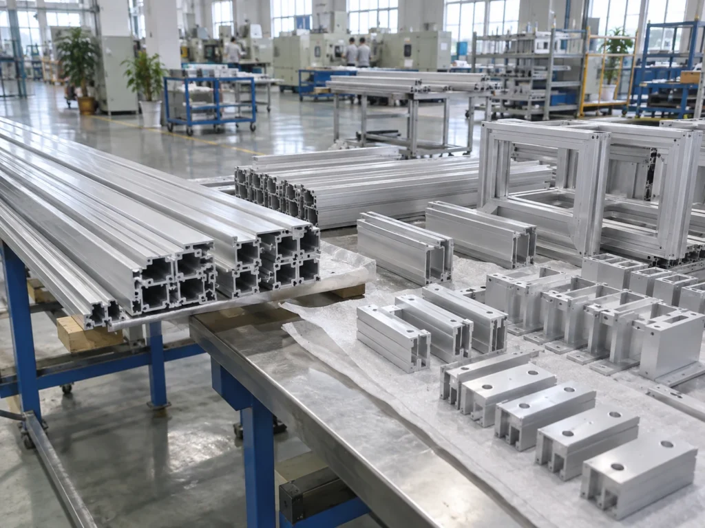 Aluminum profiles and machined components arranged for a component supply review