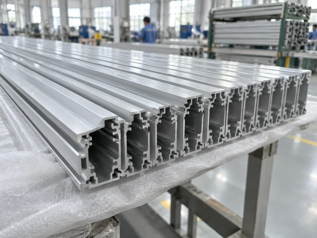 Similar hollow aluminum profiles arranged in a row on a protective sheet over a workshop table, with their open section ends visible.
