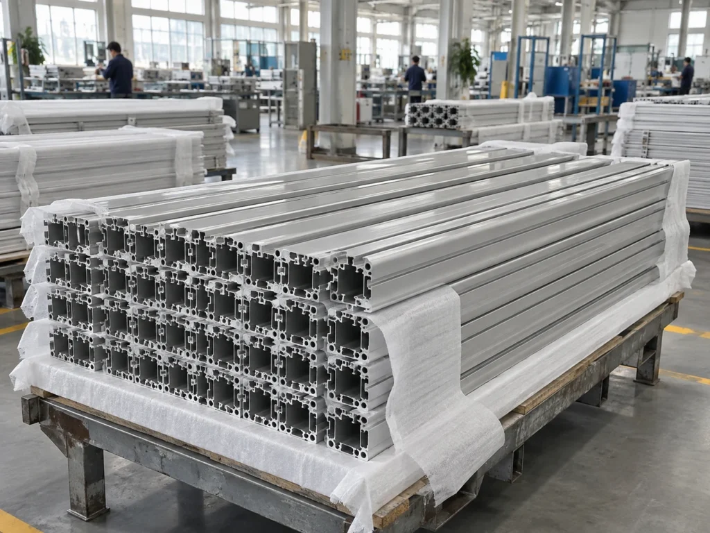 Multiple layers of hollow aluminum profiles rest on a steel rack with white foam strips around the sides and between some layers.