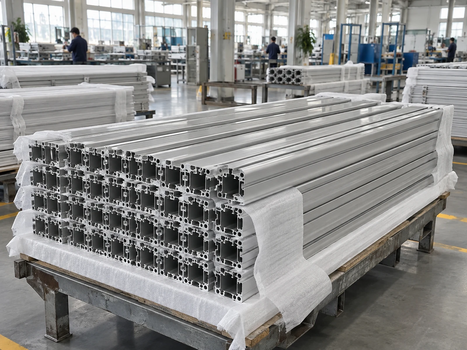 Aluminum extrusion lengths separated with protective packing material