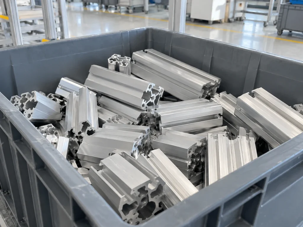 Loose aluminum extrusion pieces touching inside a collection bin