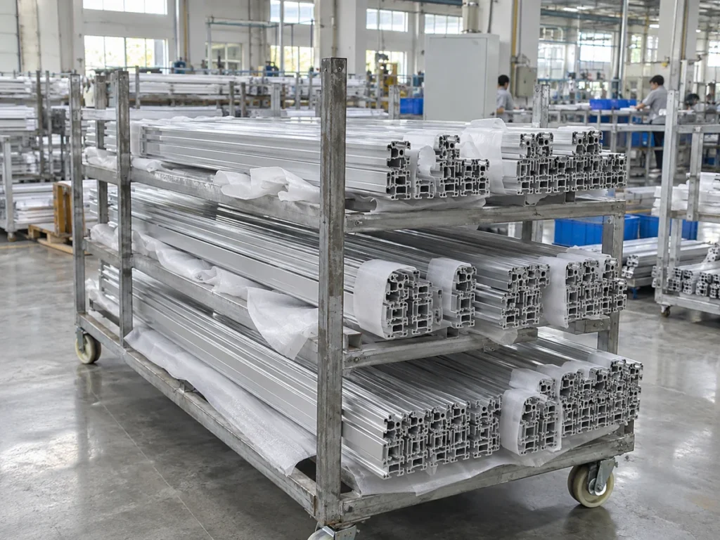 Long aluminum profiles stacked on a wheeled metal rack with white protective sheets between groups.