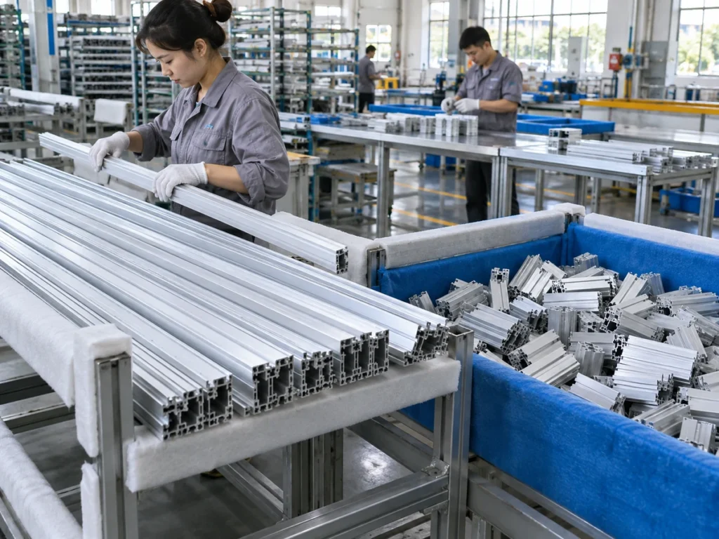A worker handles long aluminum profiles on a padded rack beside a blue container of short profile pieces.
