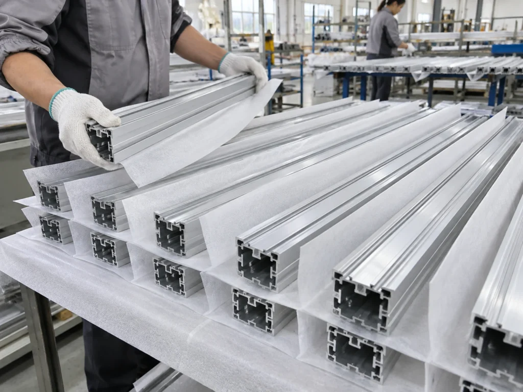 Worker placing separators between aluminum profile layers on a packing bench