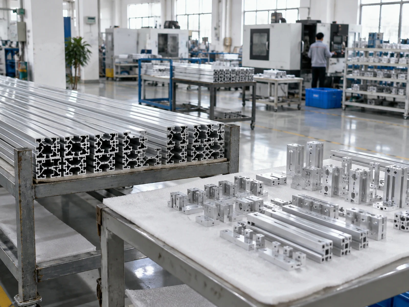 Illustrative aluminum stock and separately prepared members resting on a protective surface
