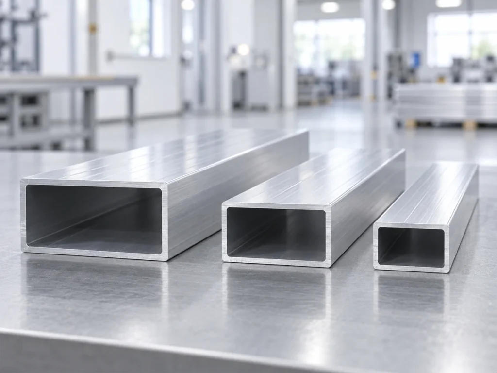 Three hollow rectangular aluminum tubes of different visible sizes on a workshop bench, with their open ends facing forward.