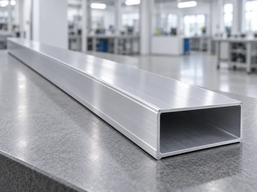 A long hollow rectangular aluminum tube resting on a metal bench, with its open rectangular end facing forward.