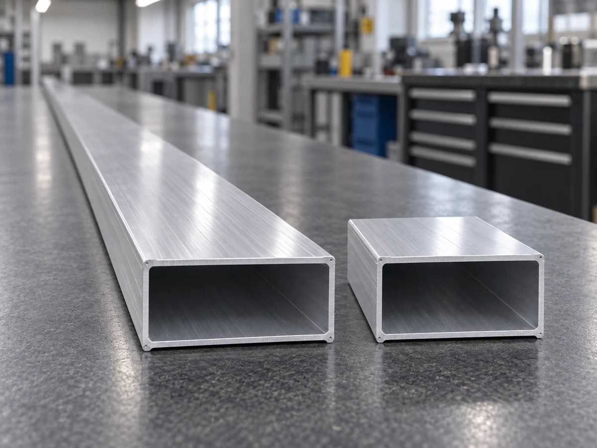 Two hollow rectangular aluminum stock tubes on a bench