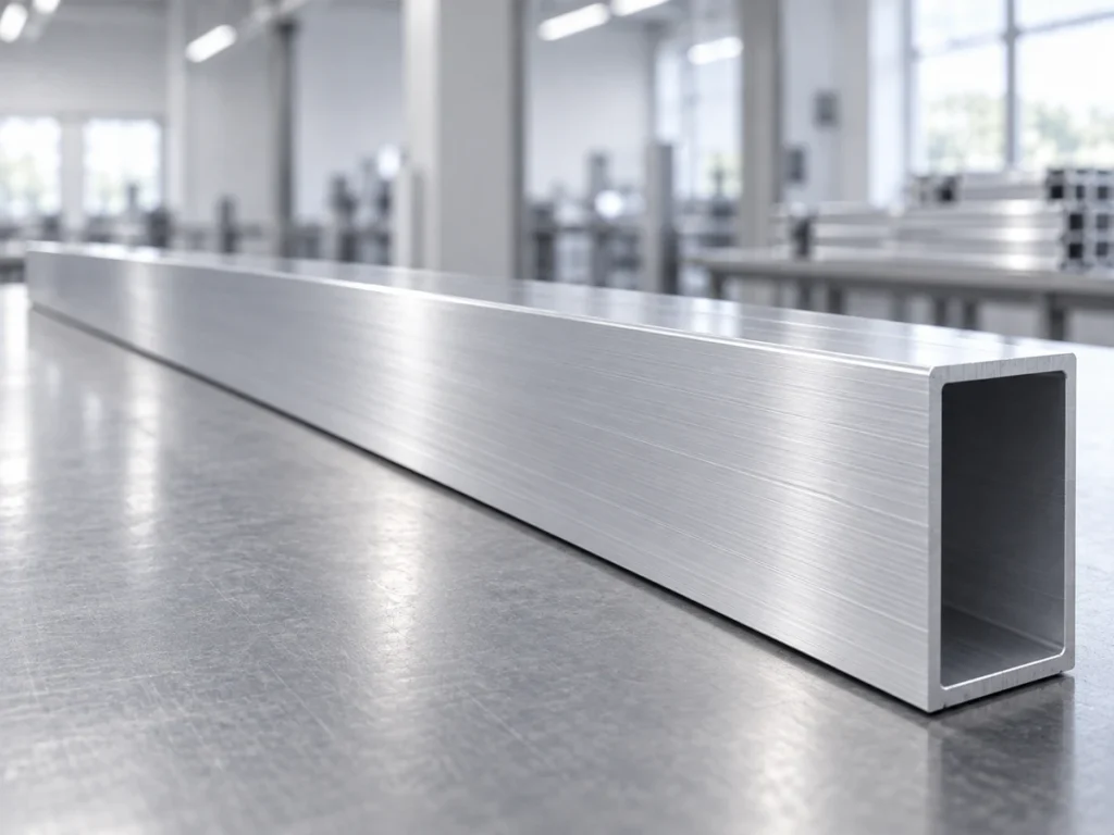 A long hollow rectangular aluminum tube on a workshop bench, with its broad side face and open end visible.