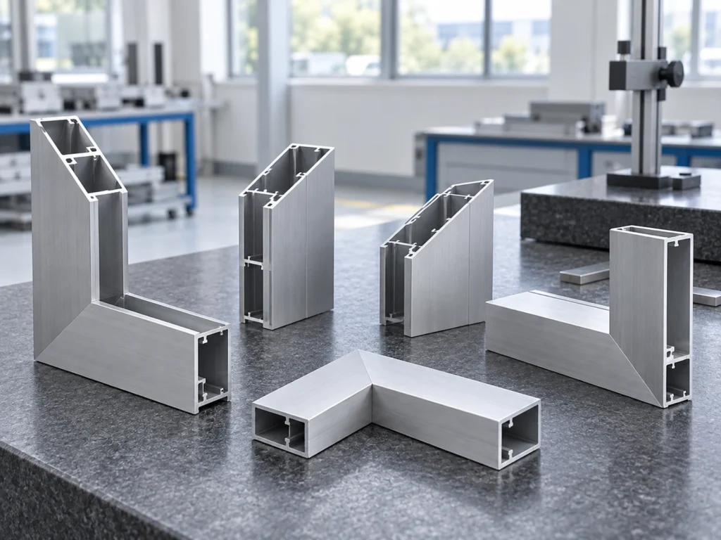 Groups of aluminum profile corners and short members arranged on a bench