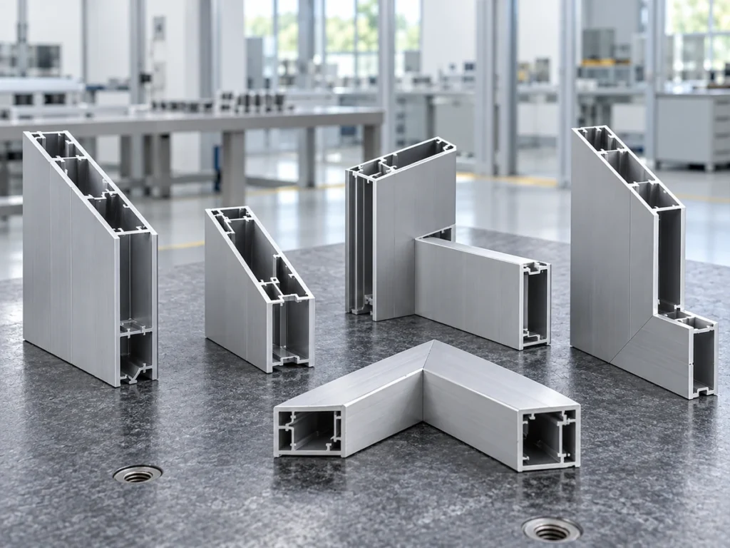 Several aluminum profile pieces and corner arrangements on a bench