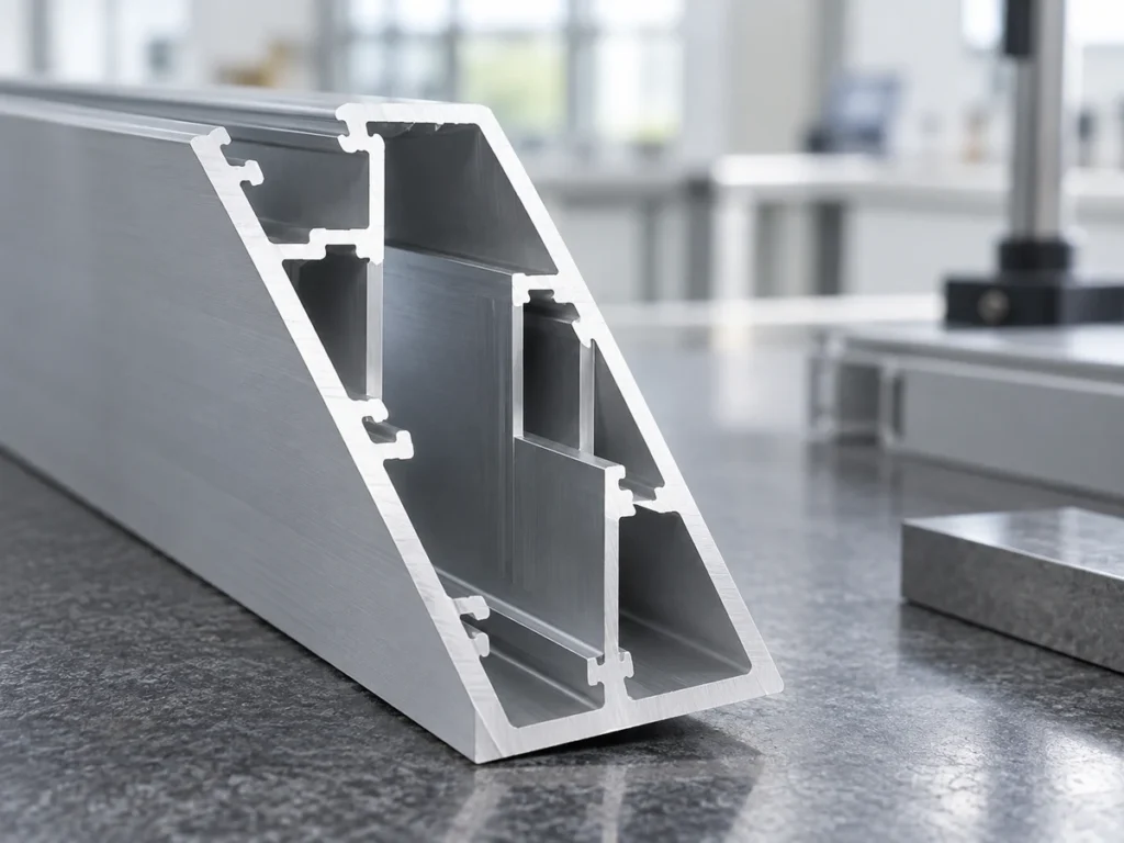 An angled aluminum profile end showing several internal chambers