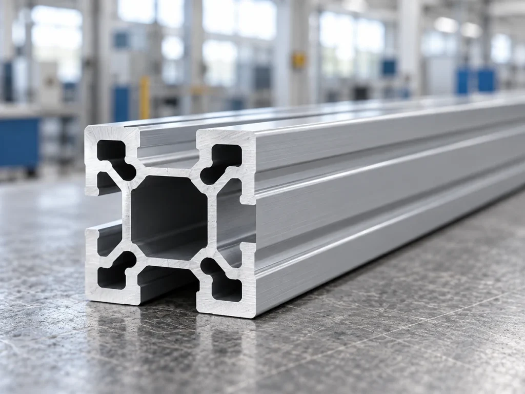 Hollow aluminum extrusion with longitudinal external grooves and several cavities visible at the end.