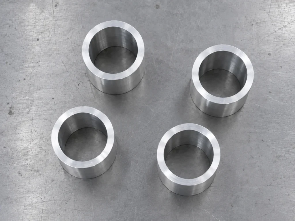 Four short thick-walled hollow aluminum cylinders standing separately on a scratched metal bench, viewed from above.
