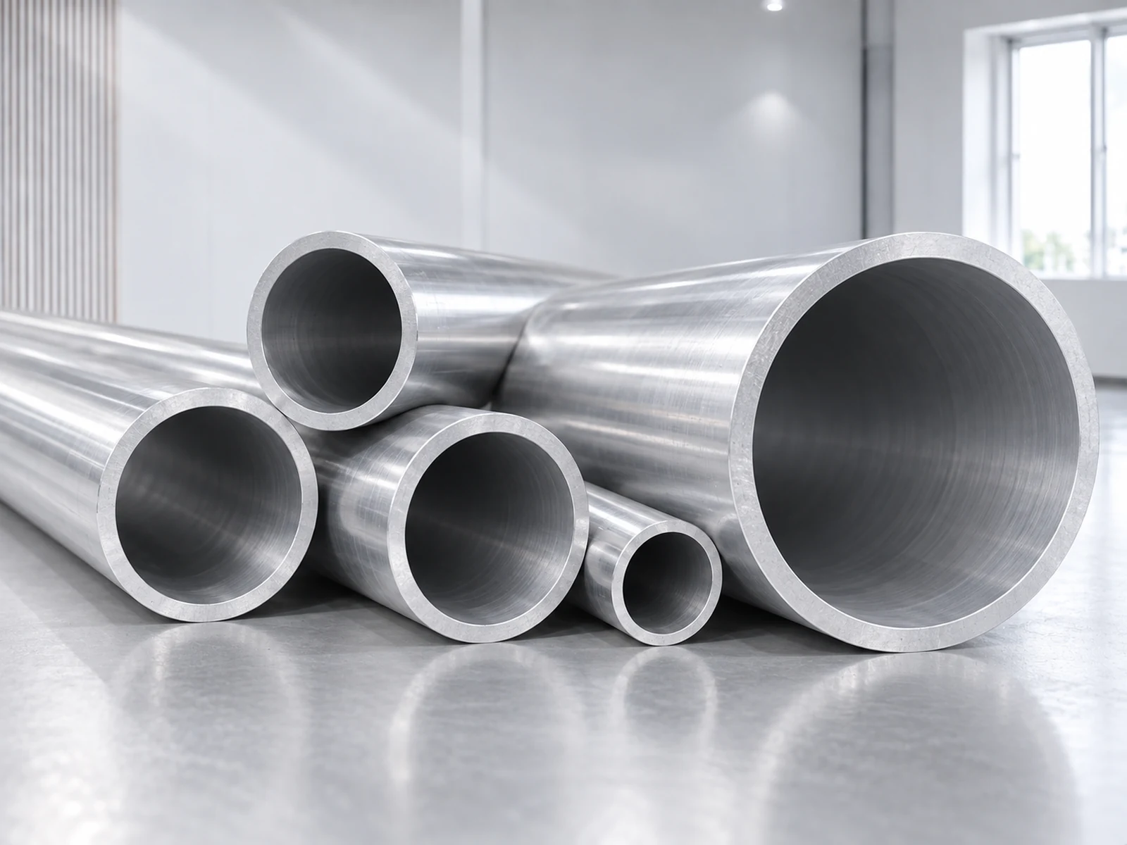 Round hollow aluminum tubes showing different diameters and wall sections