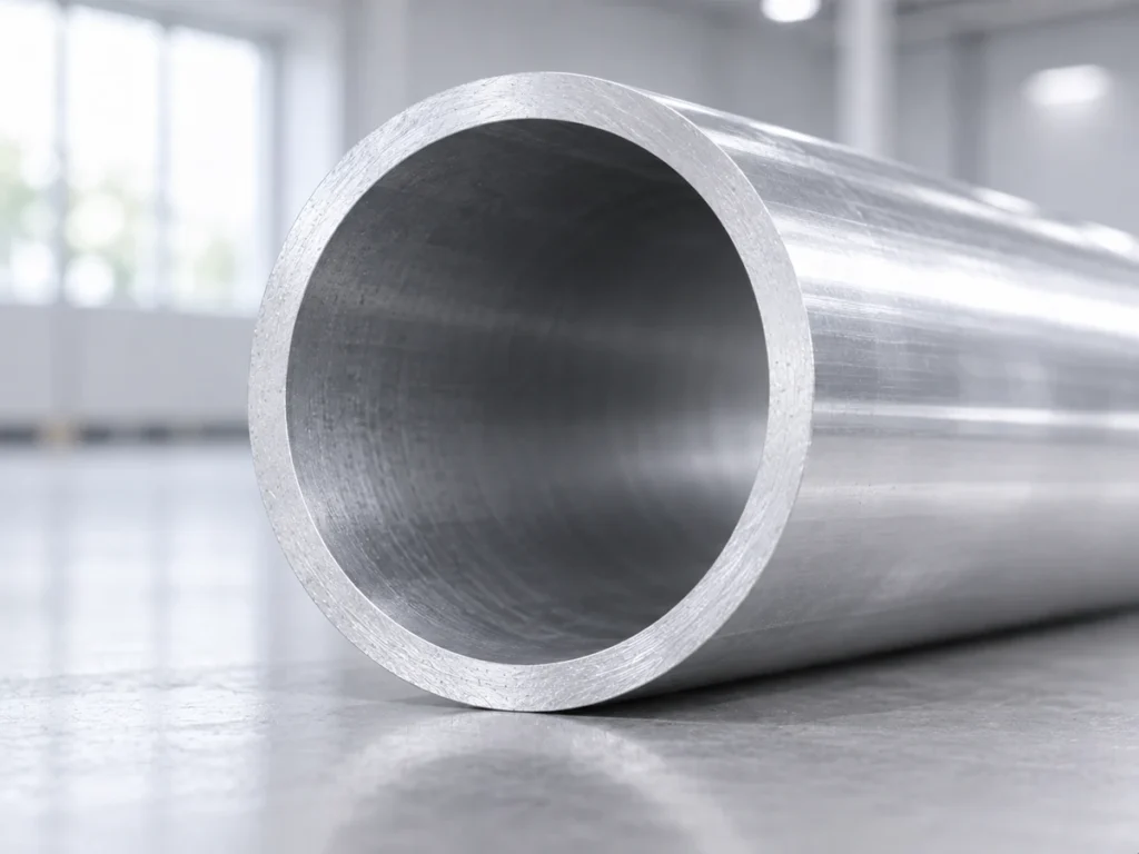 Close view of a round hollow aluminum tube showing its opening, wall end and surrounding outer surface.
