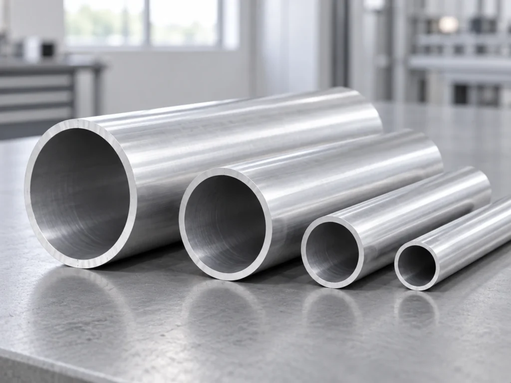 Four hollow round aluminum tubes of different apparent diameters on a workshop bench.