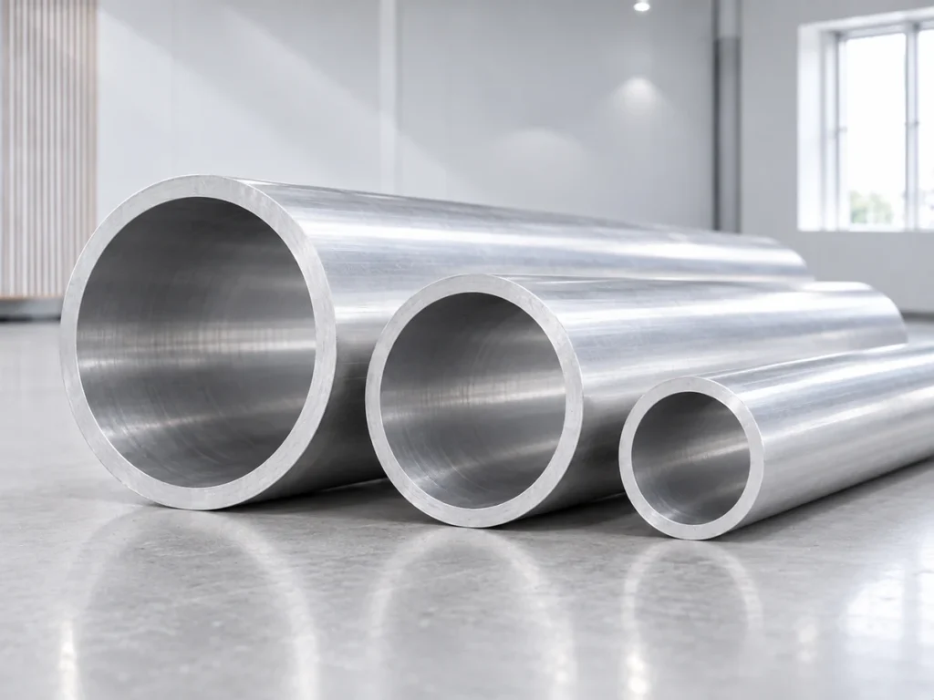 Three round hollow aluminum tubes of different diameters lying side by side with their open ends facing forward.