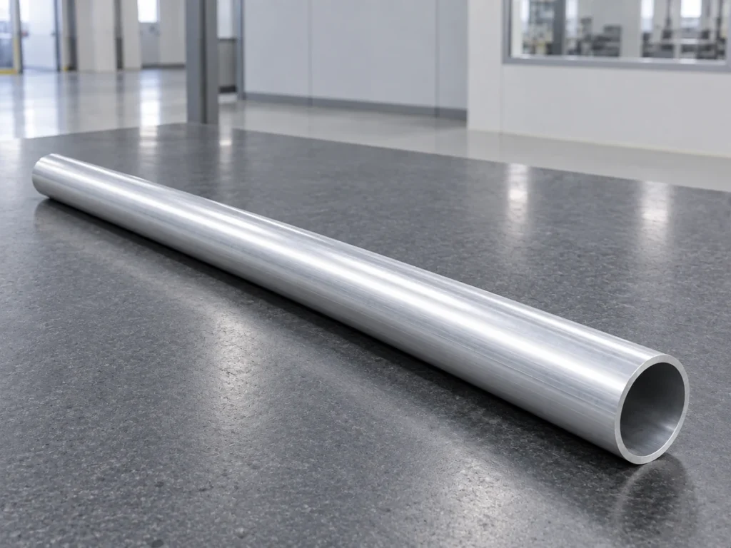 A long hollow round aluminum tube resting diagonally on a metal bench, with its open circular end facing the viewer.