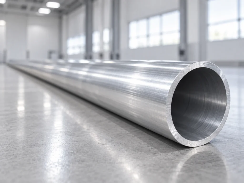 A long hollow round aluminum tube resting diagonally on a metal bench with its open end facing the viewer.