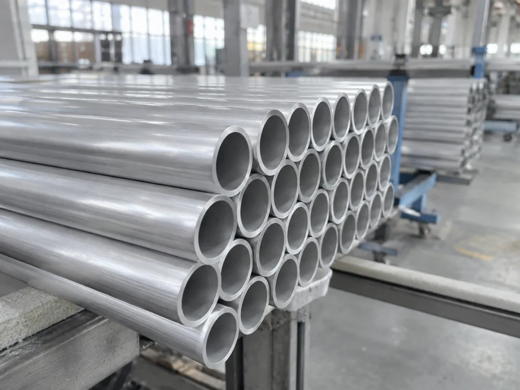 Round aluminum tubes stacked with their open ends aligned on workshop supports.