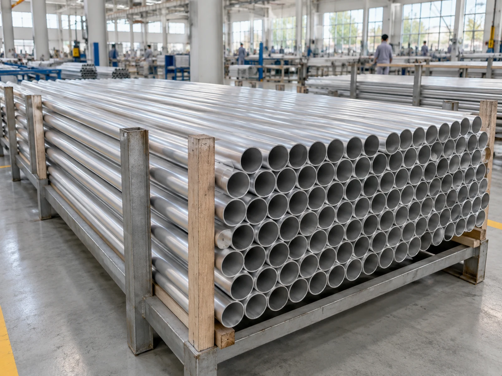 Round aluminum tube lengths arranged together in a staging area