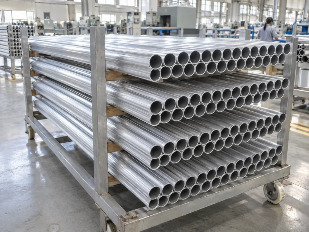 Round aluminum tubes grouped on three levels of a wheeled support rack