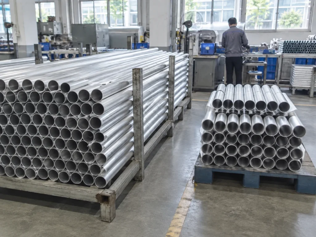 Long hollow round aluminum tubes on racks with shorter round tubes on a workshop pallet.