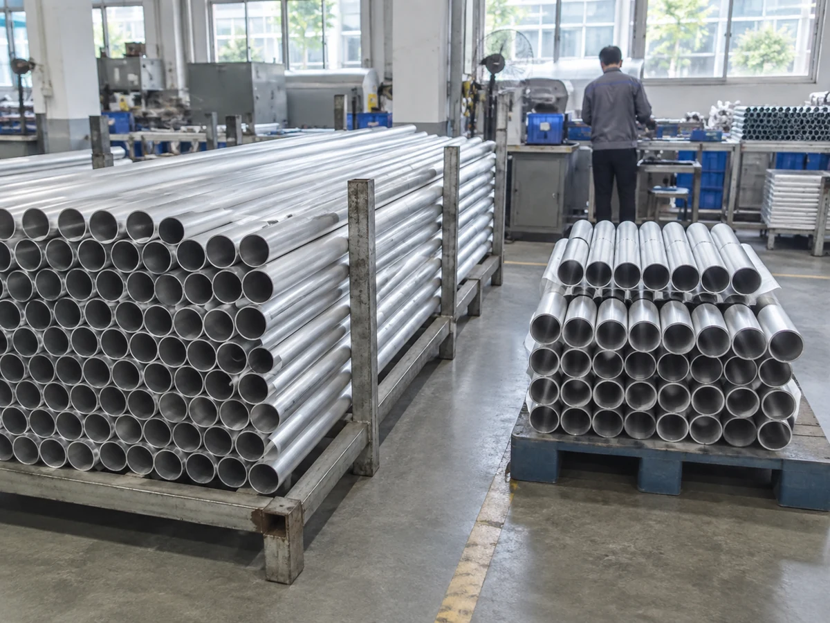 Round aluminum tube lengths grouped on separate staging racks