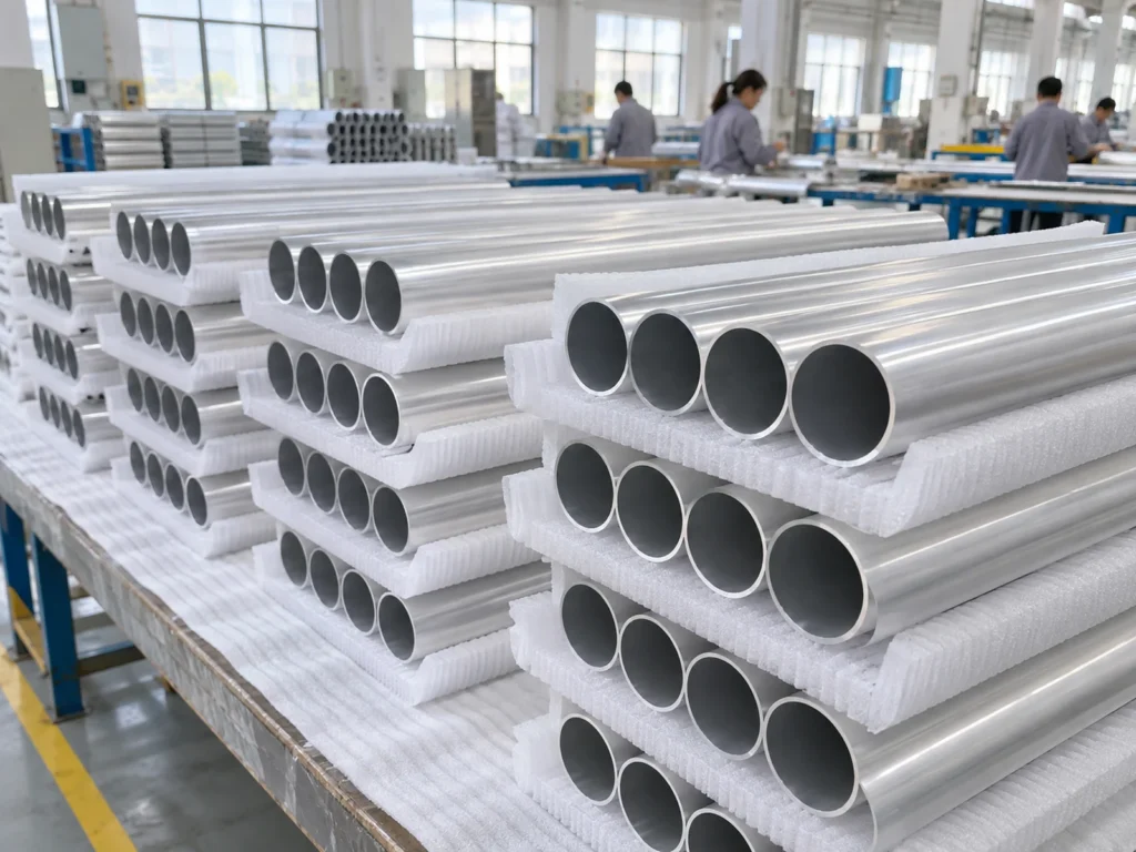 Round aluminum tubes stacked in separate layers divided by white foam supports in a workshop.