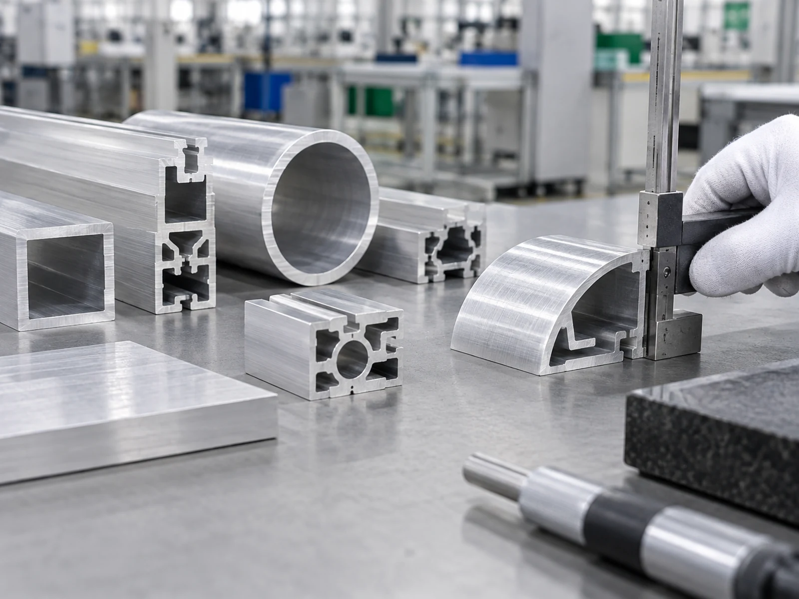 Aluminum extrusion and tube sample sections arranged on an inspection bench